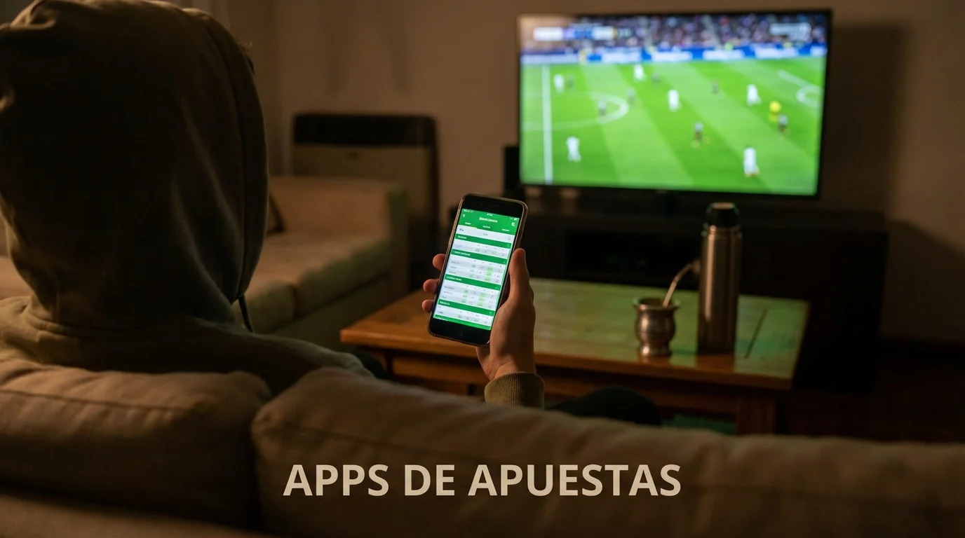 Persona sosteniendo un celular con una app deportiva abierta mientras ve un partido de fútbol en televisión