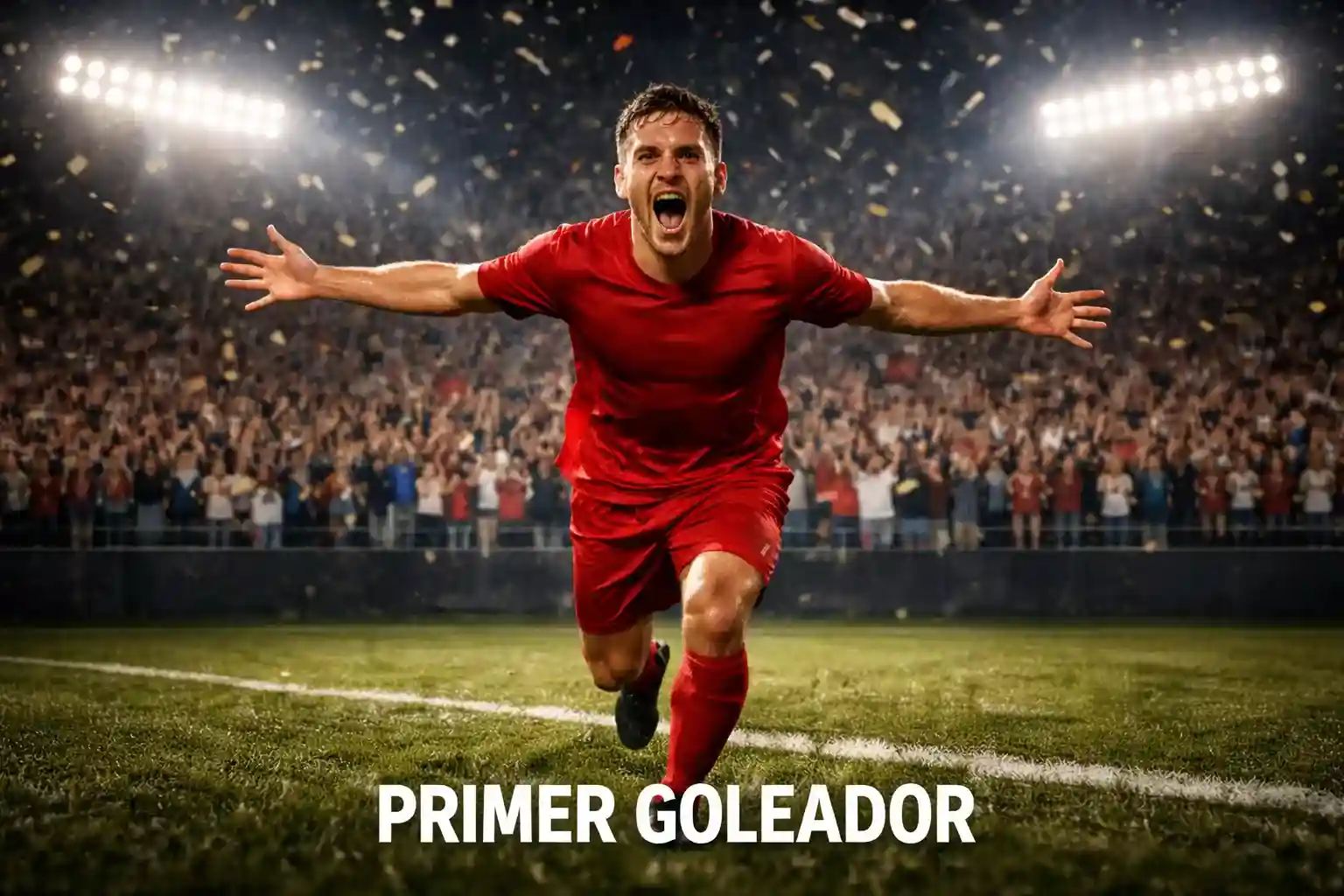 Delantero de fútbol argentino celebrando un gol con los brazos abiertos frente a la tribuna iluminada