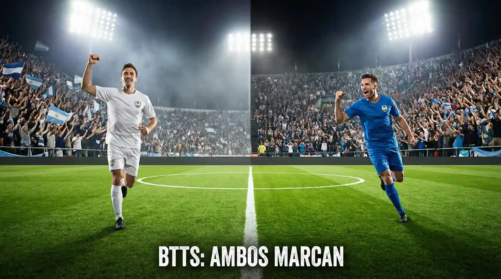 Dos delanteros de equipos rivales celebrando goles en extremos opuestos de un estadio argentino