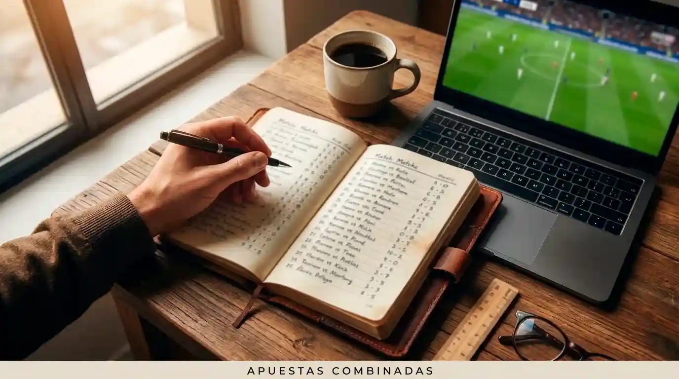 Mano de persona sosteniendo un bolígrafo sobre una libreta con anotaciones junto a una pantalla mostrando partidos de fútbol