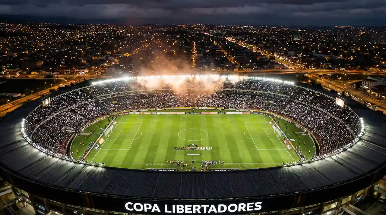 Vista panorámica de un estadio sudamericano iluminado durante un partido nocturno de Copa Libertadores