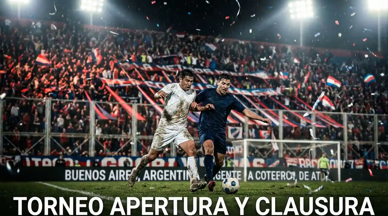 Jugadores de fútbol argentino disputando un balón en un partido eliminatorio bajo reflectores