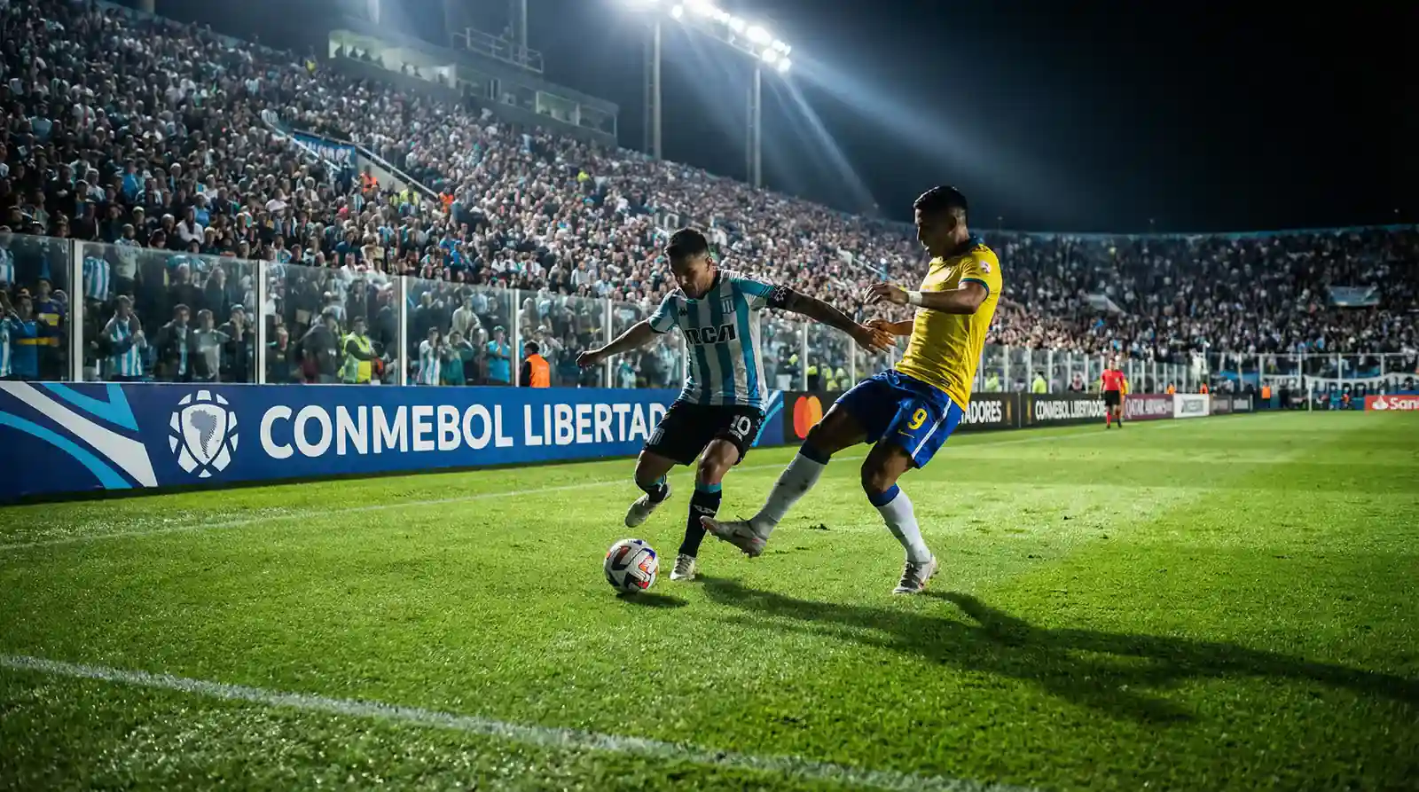 Jugadores de fútbol argentino en un partido nocturno de Copa Sudamericana bajo reflectores