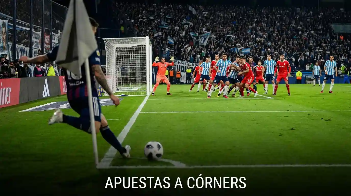 Jugador de fútbol ejecutando un tiro de esquina en un estadio argentino con banderín de córner en primer plano