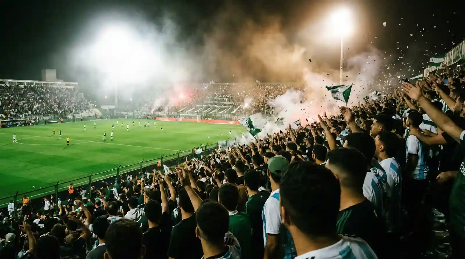 Hinchada en un estadio de fútbol argentino durante un partido nocturno con iluminación artificial sobre el césped