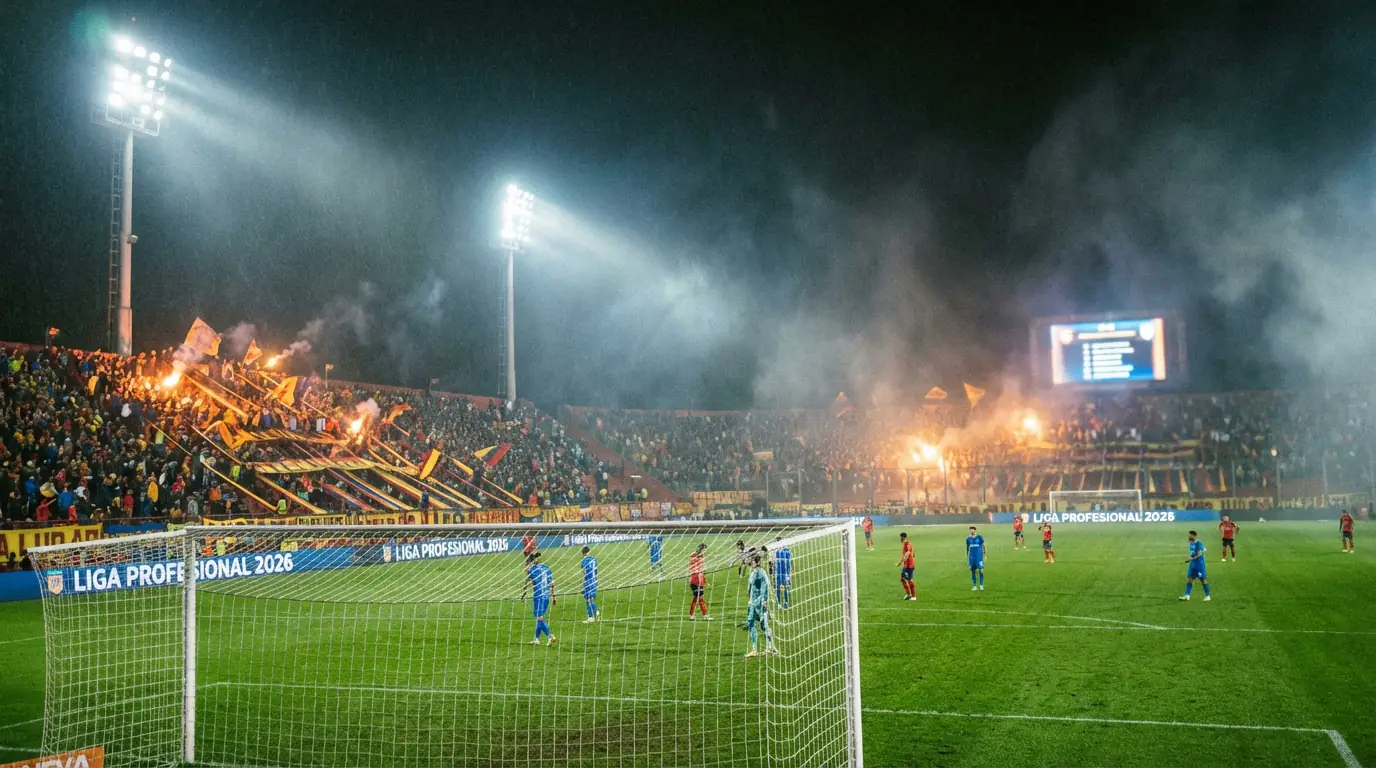 Estadio de fútbol argentino con tribunas llenas durante un partido nocturno de la Liga Profesional