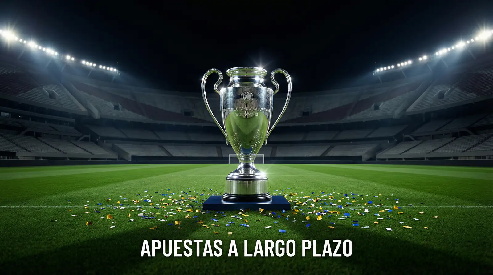 Trofeo de campeonato de fútbol argentino sobre un podio iluminado en el centro del campo de un estadio