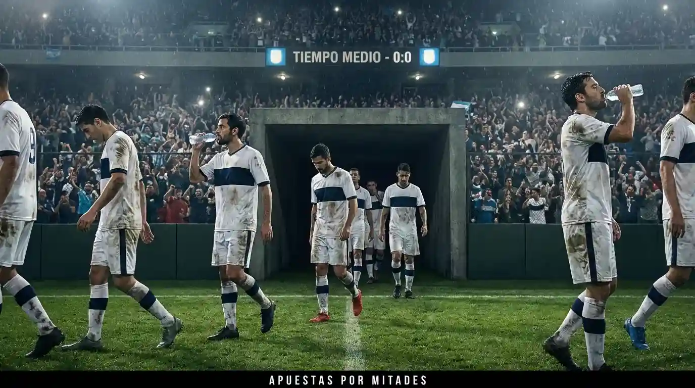 Jugadores de fútbol argentino caminando hacia el túnel de vestuarios durante el entretiempo en un estadio iluminado