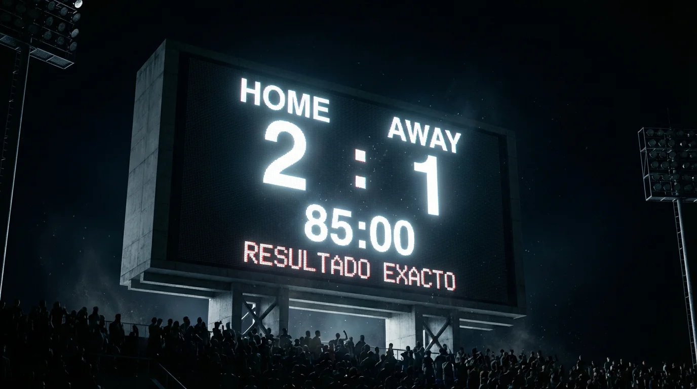 Marcador de estadio de fútbol mostrando un resultado ajustado 2-1 bajo los reflectores nocturnos