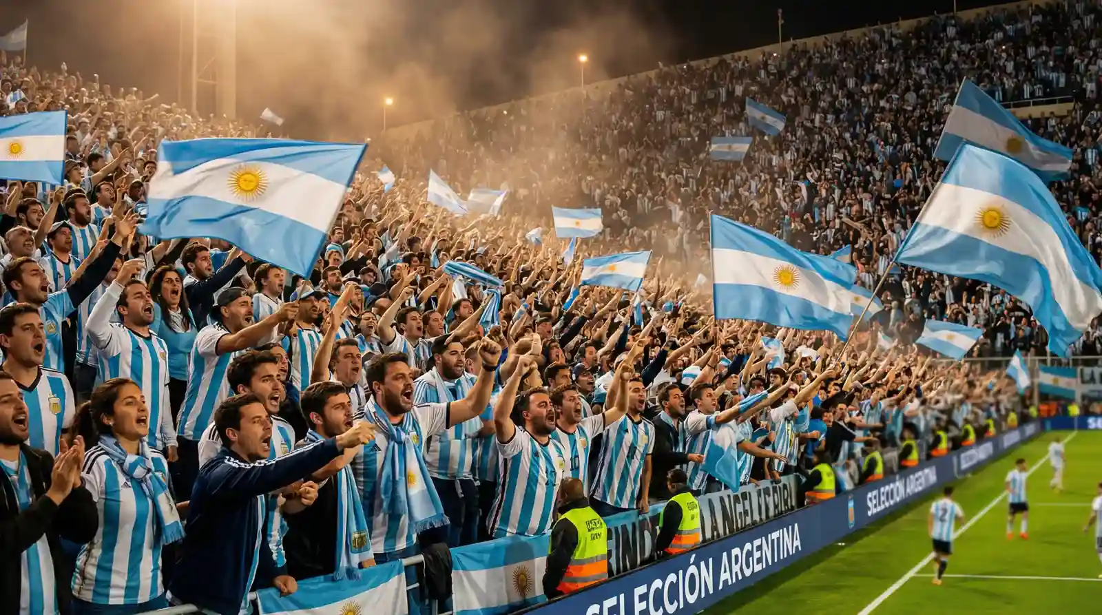 Hinchada argentina con camisetas albicelestes celebrando en las tribunas de un estadio durante un partido de eliminatorias