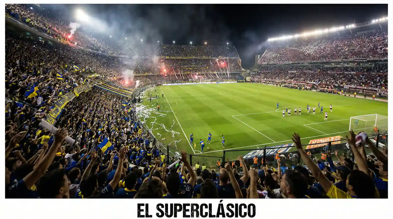 Tribuna de La Bombonera repleta de hinchas con banderas azul y oro durante un Superclásico nocturno