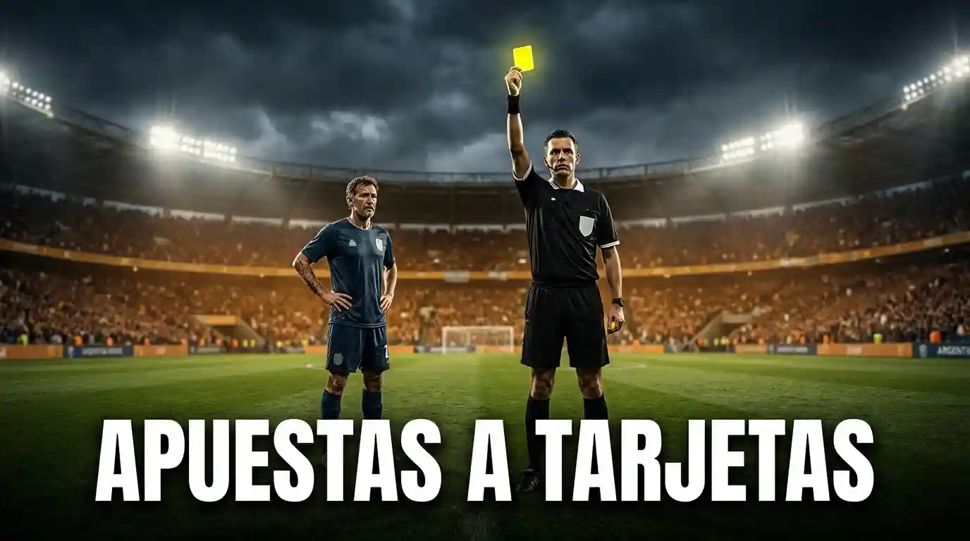 Árbitro de fútbol mostrando una tarjeta amarilla a un jugador durante un partido nocturno en Argentina