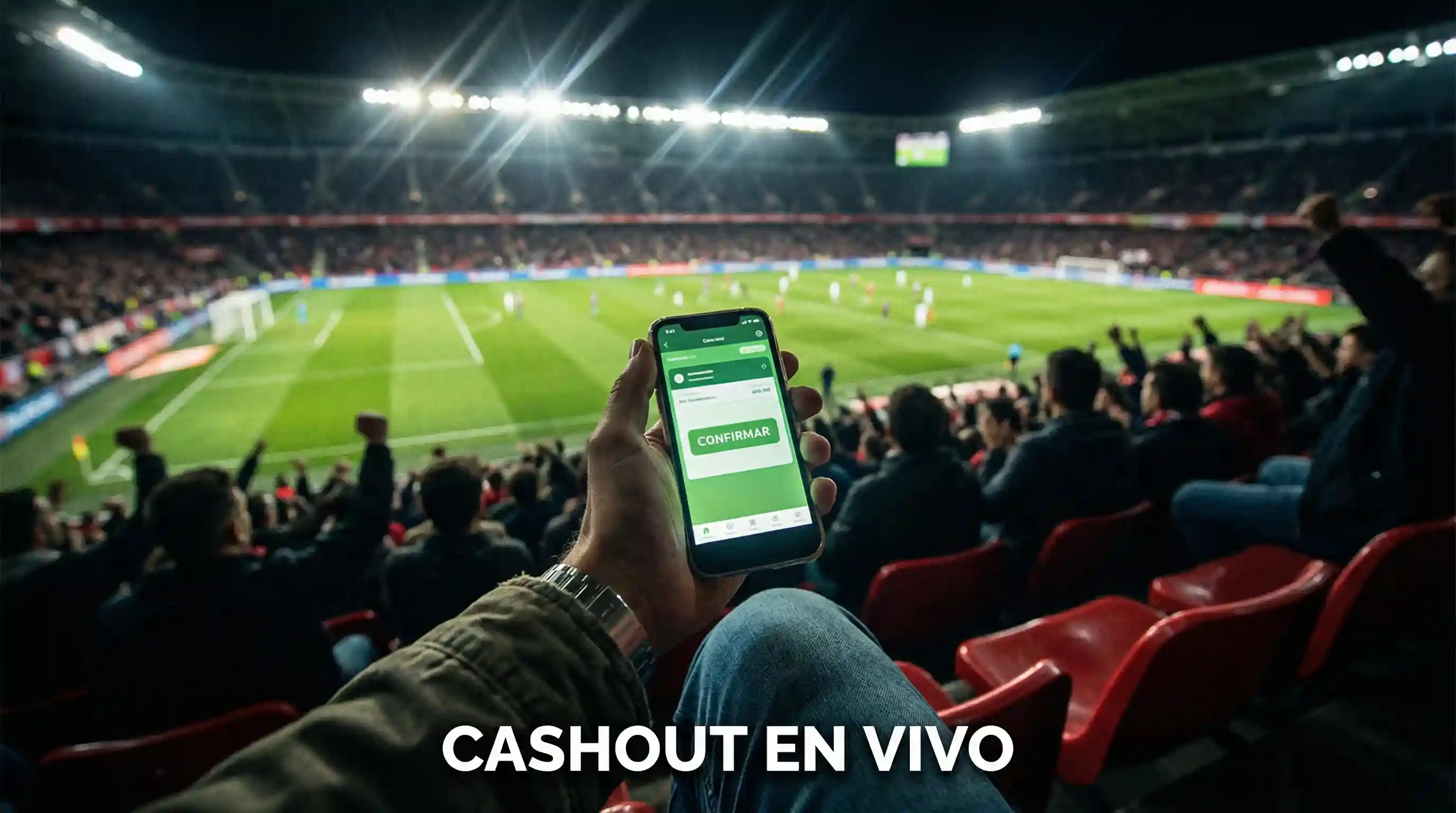 Mano de persona tocando la pantalla de un celular con un partido de fútbol en vivo de fondo en un estadio