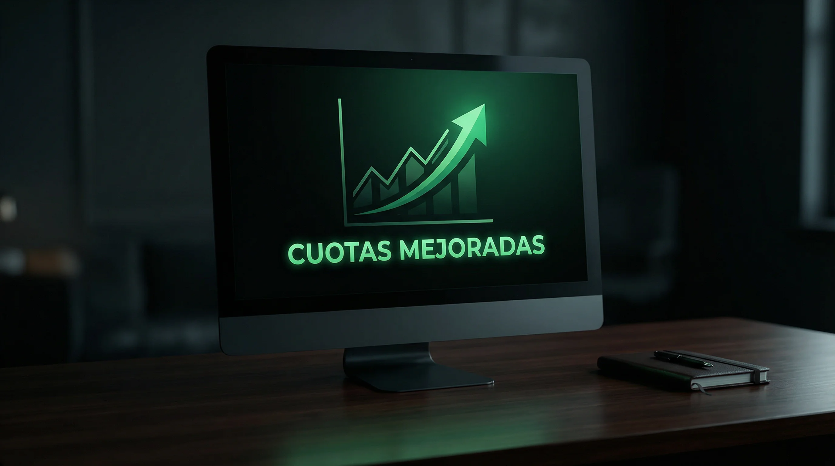Pantalla de computadora mostrando líneas de cuotas de fútbol con una flecha verde ascendente iluminada