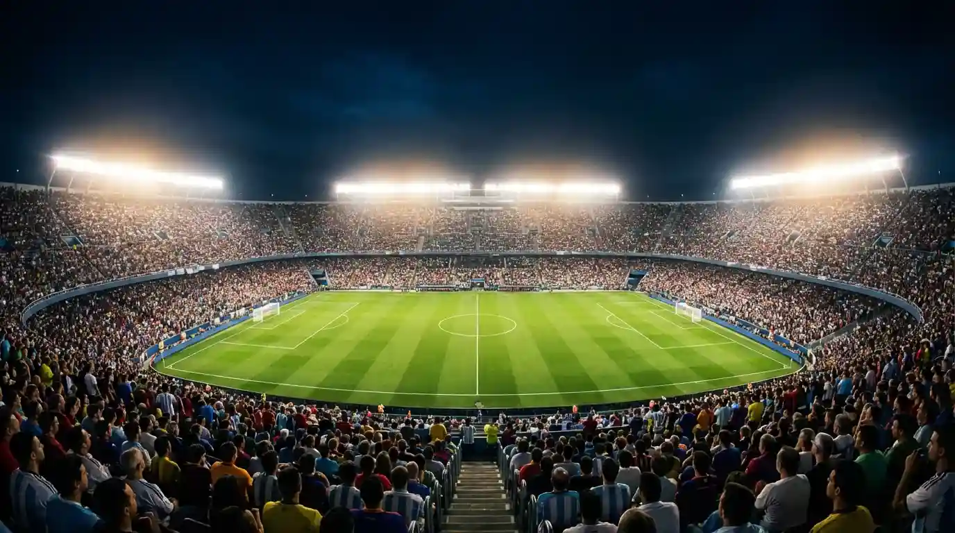 Estadio de fútbol argentino iluminado durante un partido nocturno de la Liga Profesional