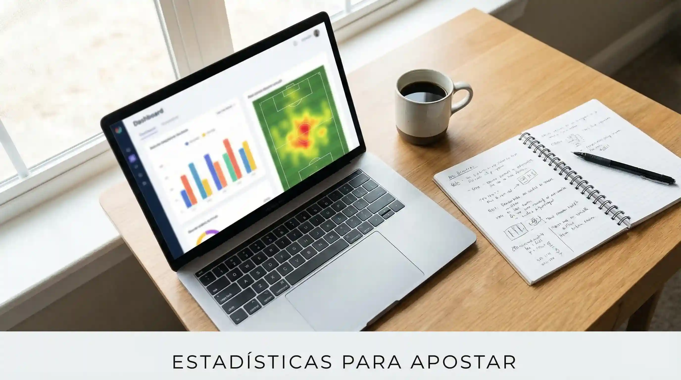 Pantalla de laptop mostrando estadísticas de fútbol con gráficos de barras junto a un cuaderno de notas
