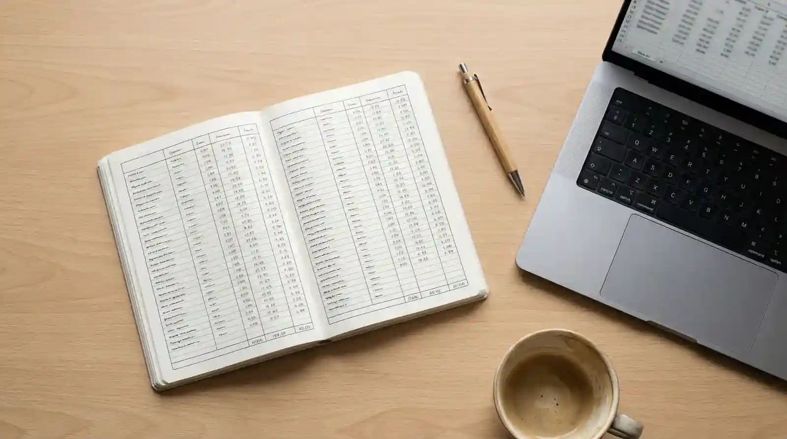 Persona tomando notas en un cuaderno junto a una laptop con una planilla de seguimiento de apuestas deportivas