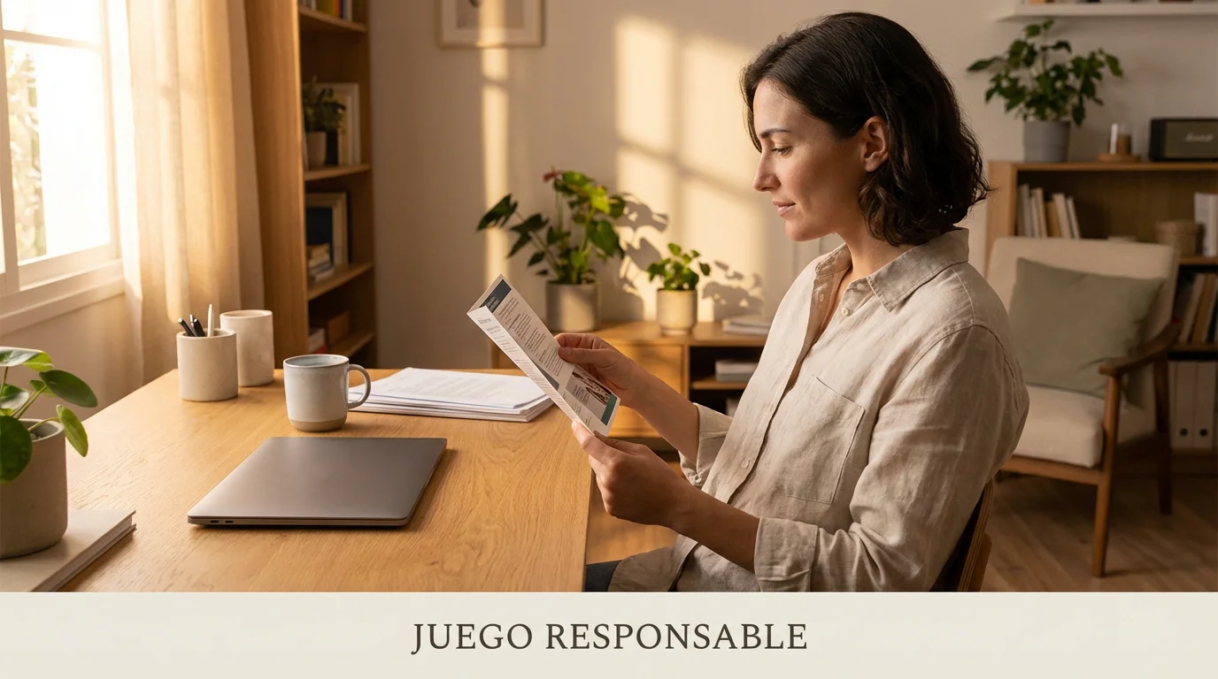 Persona sentada en calma leyendo un documento informativo sobre juego responsable en un escritorio ordenado