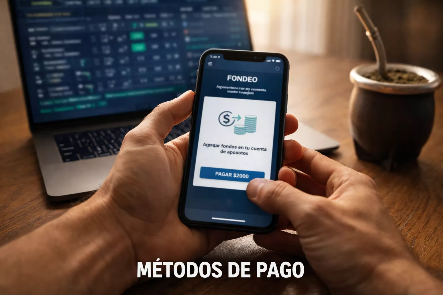 Persona realizando un pago desde su celular con el símbolo $ en pantalla junto a una notebook abierta