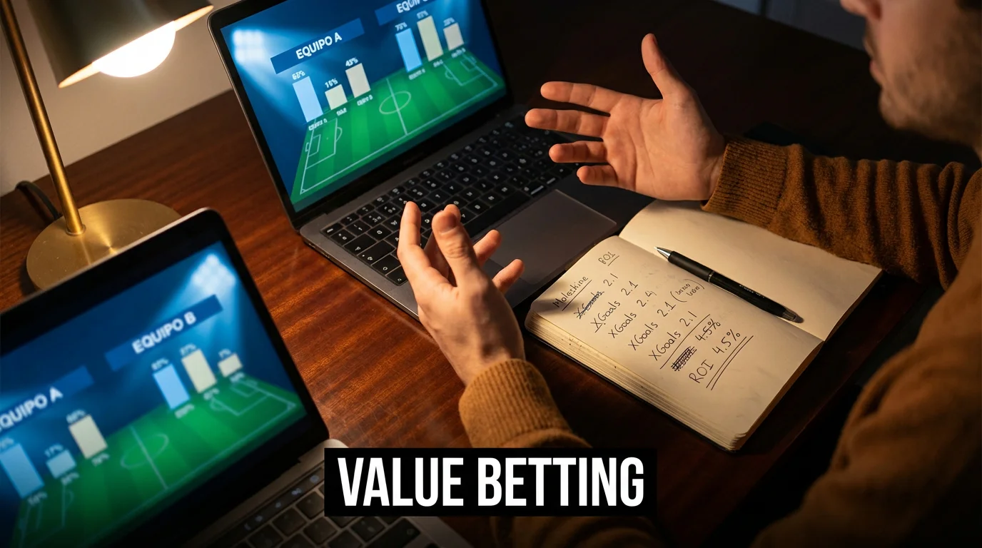Persona analizando datos de fútbol en una pantalla con gráficos simples y una libreta con anotaciones