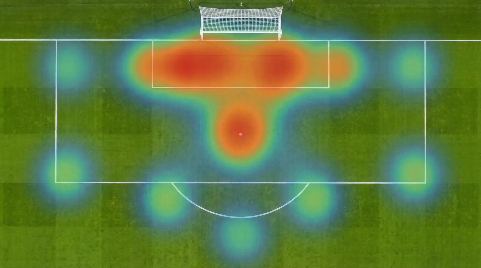 Cancha de fútbol vista desde arriba con zonas de remate destacadas representando el concepto de expected goals